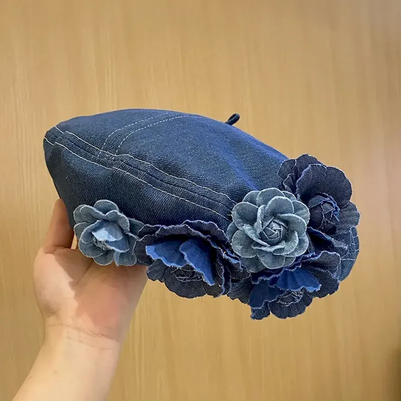 evfane1696902882635.webp Vintage Flower Decor Beret Cap For Women Blue Denim Washed Berets Lightweight Octagonal Hat Classic Painter Hats 2025 - Image 1